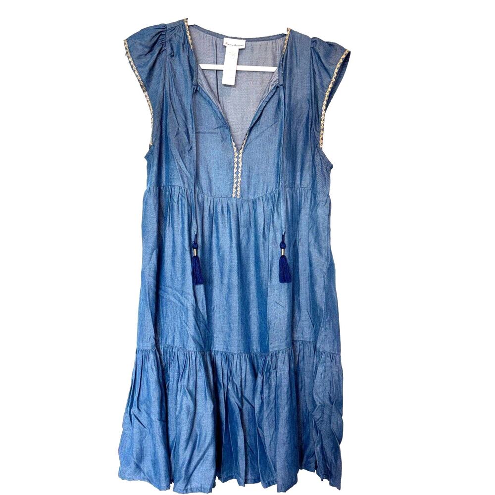 Tommy Bahama Blue Chambray Gold Embroidered V-Neck Tunic Dress Small